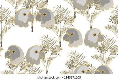 Tropical pattern of parrots and kentia leaves. Golden outline. Vintage vector botanical illustration. Seamless background, texture, wrapper pattern, frame or border. Digital nature art.