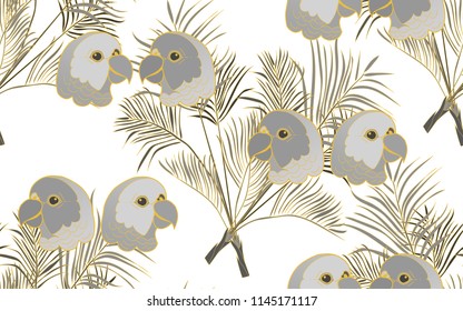 Tropical pattern of parrots and kentia palm leaves. Golden outline. Vintage vector botanical illustration. Seamless background, texture, wrapper pattern, frame or border. Digital nature art.