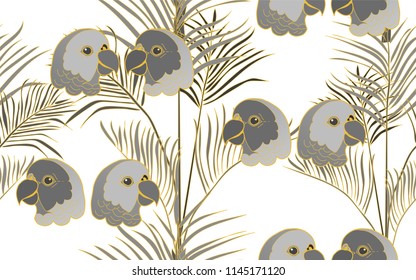 Tropical pattern of parrots and kentia palm leaves. Golden outline. Vintage vector botanical illustration. Seamless background, texture, wrapper pattern, frame or border. Digital nature art.