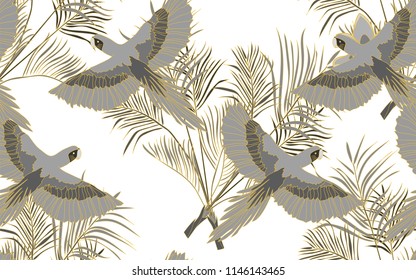 Tropical pattern of parrots and kentia palm leaves. Golden outline. Vintage vector botanical illustration. Seamless background, texture, wrapper pattern, frame or border. Digital nature art.