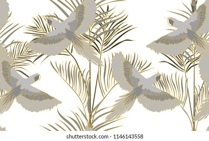 Tropical pattern of parrots and kentia palm leaves. Golden outline. Vintage vector botanical illustration. Seamless background, texture, wrapper pattern, frame or border. Digital nature art.