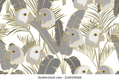 Tropical pattern of parrots and kentia and palm leaves. Golden outline. Vintage vector botanical illustration. Seamless background, texture, wrapper pattern, frame or border. Digital nature art.