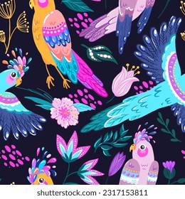 Patrón tropical con loros y hojas y flores tropicales. Textura sin fisuras del vector. Ilustración de moda.