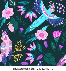 Tropical pattern with parrots and tropical leaves and flowers. Vector seamless texture. Fashionable illustration.