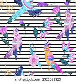 Tropical pattern with parrots and tropical leaves and flowers on stripes background. Vector seamless texture. Fashionable illustration.