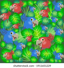 patrón tropical con loros y hojas tropicales sobre fondo verde