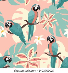 Tropical pattern with parrots and tropical leaves. Vector seamless texture. Trendy Illustration.