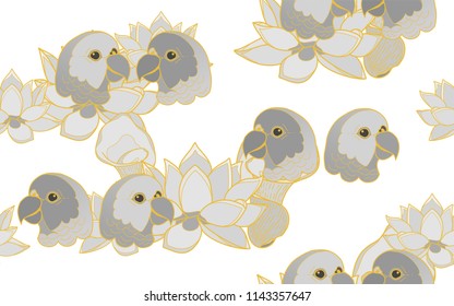 Tropical pattern of parrots and lotus flowers. Golden outline. Vintage vector botanical illustration. Seamless background, texture, wrapper pattern, frame or border. Digital nature art.