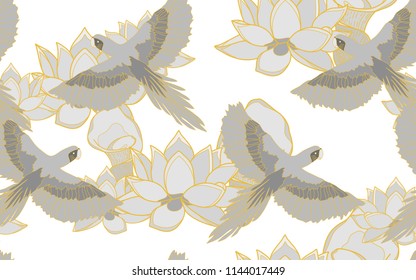 Tropical pattern of parrots and lotus flowers. Golden outline. Vintage vector botanical illustration. Seamless background, texture, wrapper pattern, frame or border. Digital nature art.