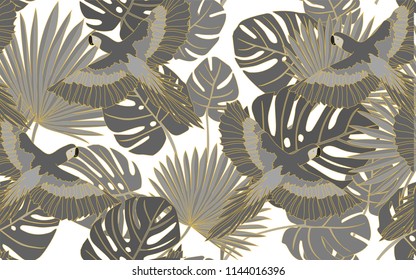 Tropical pattern of parrots and monstera and palm leaves.  Golden outline. Vintage vector botanical illustration. Seamless background, texture, wrapper pattern, frame or border. Digital nature art.