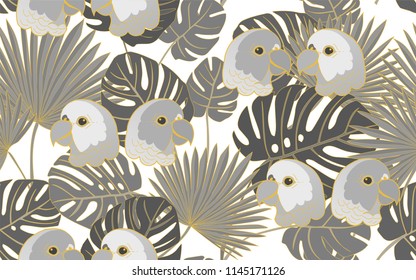 Tropical pattern of parrots and monstera and palm leaves. Golden outline. Vintage vector botanical illustration. Seamless background, texture, wrapper pattern, frame or border. Digital nature art.