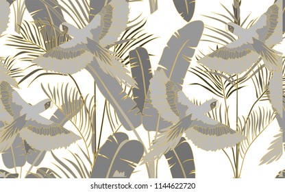 Tropical pattern of parrots and palm and kentia leaves. Golden outline. Vintage vector botanical illustration. Seamless background, texture, wrapper pattern, frame or border. Digital nature art.