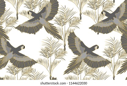 Tropical pattern of parrots and palm leaves. Golden outline. Vintage vector botanical illustration. Seamless background, texture, wrapper pattern, frame or border. Digital nature art.