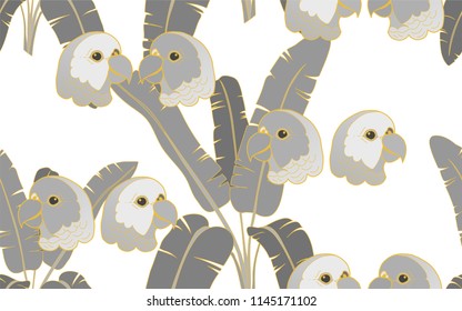 Tropical pattern of parrots and palm leaves. Golden outline. Vintage vector botanical illustration. Seamless background, texture, wrapper pattern, frame or border. Digital nature art.