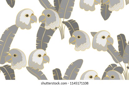 Tropical pattern of parrots and palm leaves. Golden outline. Vintage vector botanical illustration. Seamless background, texture, wrapper pattern, frame or border. Digital nature art.