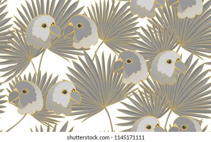 Tropical pattern of parrots and palm leaves. Golden outline. Vintage vector botanical illustration. Seamless background, texture, wrapper pattern, frame or border. Digital nature art.