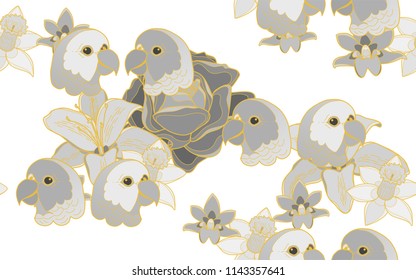 Tropical pattern of parrots and roses and hawaiian flowers. Golden outline. Vintage vector botanical illustration. Seamless background, texture, wrapper pattern, frame or border. Digital nature art.