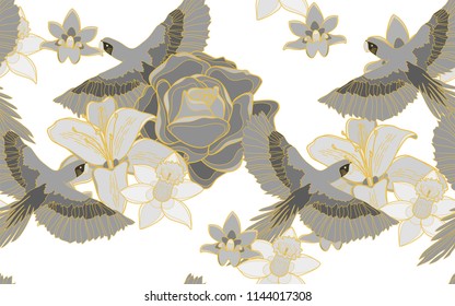 Tropical pattern of parrots and roses and hawaiian flowers. Golden outline. Vintage vector botanical illustration. Seamless background, texture, wrapper pattern, frame or border. Digital nature art.