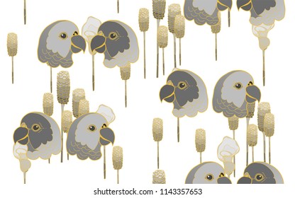 Tropical pattern of parrots and tumeric flowers. Golden outline. Vintage vector botanical illustration. Seamless background, texture, wrapper pattern, frame or border. Digital nature art.