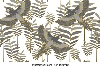 Tropical pattern of parrots and tumeric palm leaves. Golden outline. Vintage vector botanical illustration. Seamless background, texture, wrapper pattern, frame or border. Digital nature art.