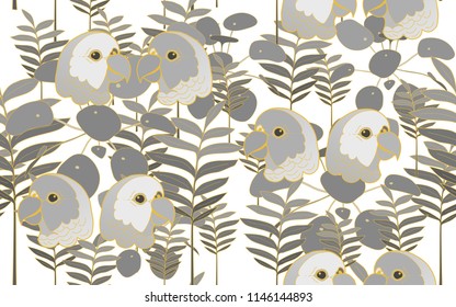 Tropical pattern of parrots and tumeric and pilea leaves. Golden outline. Vintage vector botanical illustration. Seamless background, texture, wrapper pattern, frame or border. Digital nature art.