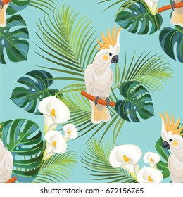 Tropical pattern with parrots. Vector seamless texture.