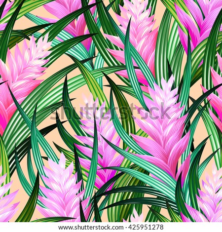 tropical pattern with pastel palette. Amazing pink flowers, pink quill, bird of paradise, on a trendy apricot orange background. Beatiful exotic floral design.