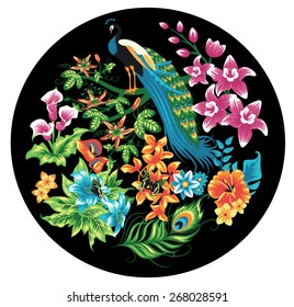 Tropical pattern with peacocks and flowers.