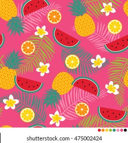 Tropical pattern with pineapple, plumeria, palm leaf, watermelon and citrus fruit