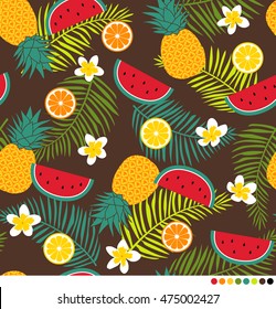 Tropical pattern with pineapple, plumeria, palm leaf, watermelon and citrus fruit