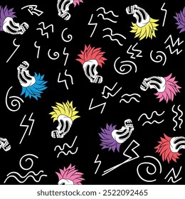 Tropical pattern with pineapples, lightning bolts, pink flamingos, seagulls and skulls with pineapple-shaped hair. Colorful in neon tones, common spring design for surfing type beaches and vacations.