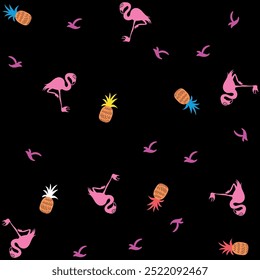 Tropical pattern with pineapples, lightning bolts, pink flamingos, seagulls and skulls with pineapple-shaped hair. Colorful in neon tones, common spring design for surfing type beaches and vacations.