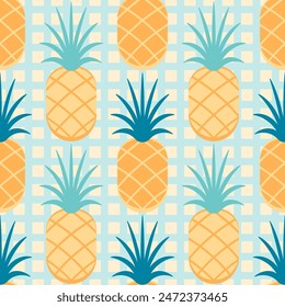 Tropical pattern with pineapples in yellow and blue shades on a checkered background