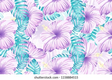 Tropical pattern. Pink blue neon exotic summer flower vector background. Beauty fasion monstera, palm leaves and hibiscus flowers. Hawaiian tropic jungle endless print. Natural swimwear design.