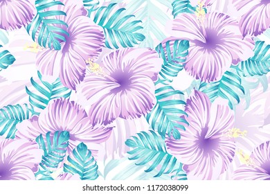 Tropical pattern. Pink blue neon exotic summer flower vector background. Beauty fasion monstera, palm leaves and hibiscus flowers. Hawaiian tropic jungle endless print. Natural swimwear design.