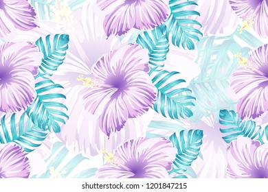 Tropical pattern. Pink blue neon exotic summer flower vector background. Beauty fasion monstera, palm leaves and hibiscus flowers. Hawaiian tropic jungle endless print. Natural swimwear design.