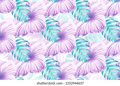 Tropical pattern. Pink blue neon exotic summer flower vector background. Beauty fasion monstera, palm leaves and hibiscus flowers. Hawaiian tropic jungle endless print. Natural swimwear design.