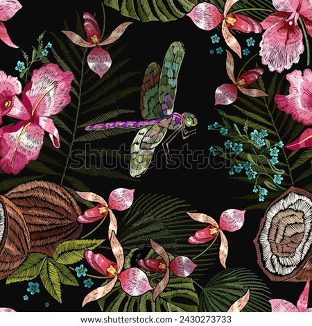 Tropical pattern. Pink orchids flowers, dragonflies, coconut and palm leaves seamless background. Fashionable template for design of clothes, textiles. Embroidery. Jungle night