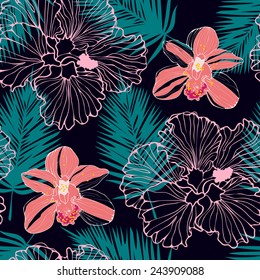 tropical pattern with pink orchids and palm leaves, seamless background