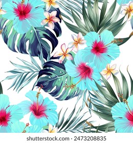 Tropical pattern. Plumeria, hibiscus, monstera, flower of paradise, palm leaf.