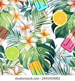Tropical pattern. Plumeria, monstera, flower of paradise, palm leaf, ice cream, citrus, orange, lemon