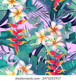 Tropical pattern. Plumeria, monstera, paradise flower, palm leaf