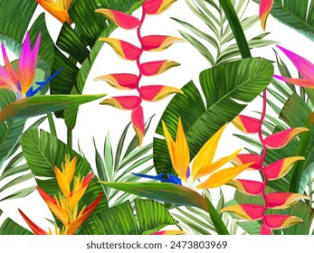 Tropical pattern. Plumeria, monstera, paradise flower, palm leaf