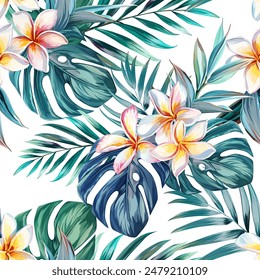 Tropical pattern. Plumeria, monstera, paradise flower, palm leaf, paradise flower