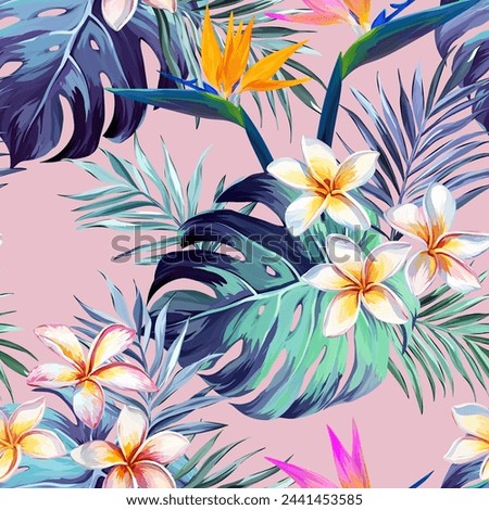 Tropical pattern. Plumeria, monstera, paradise flower, palm leaf