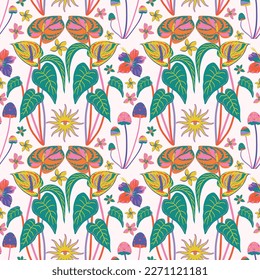 Tropical pattern in psychedelic colors and art nouveau style layout. Trippy botanical summer seamless pattern background for fabric, wallpaper, scrapbook print.