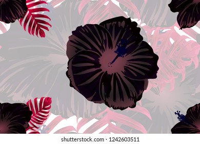 Tropical pattern. Red and black exotic summer flower vector background. Beauty fasion monstera, palm leaves and hibiscus flowers. Hawaiian tropic jungle endless print. Natural swimwear design.