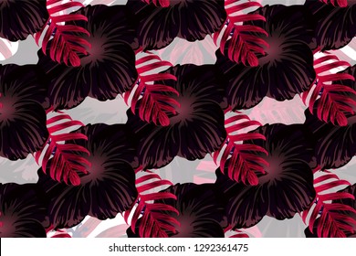 Tropical pattern. Red and black exotic summer flower vector background. Beauty fasion monstera, palm leaves and hibiscus flowers. Hawaiian tropic jungle endless print. Natural swimwear design.