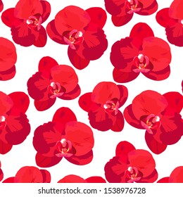 Tropical pattern with red flowers of orchids. Tropic floral wallpaper on a white background. Exotic textile print.