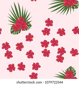 Tropical pattern with red hibiscus, monstera and palm leaves. Jungle. Summer pattern. Tropical background. Tropical flowers.